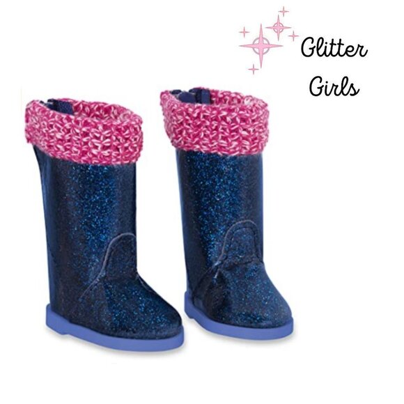 Glitter Girls Doll Boots Blue Glitter Pink Knit Trim Shoes Fits 14 Inch Dolls - Picture 1 of 7